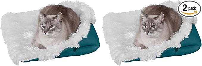 Furhaven Self-Warming Cat Bed for Indoor Cats, 4-Beds-in-1 & Washable - Plush Long Faux Fur Convertible Cuddler - Spruce, Small (Pack of 2)