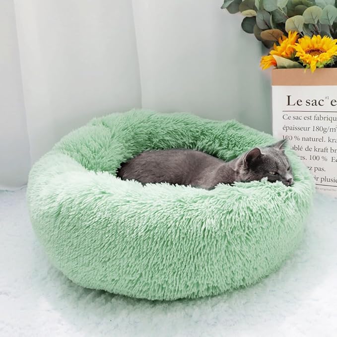 otoez Kitten & Puppy Extra Small XS Round Dog & Cat Anti Anxiety Plush Pet Calming Donut Bed with Non-Slip Waterproof Bottom, Washable (15.7", Green)