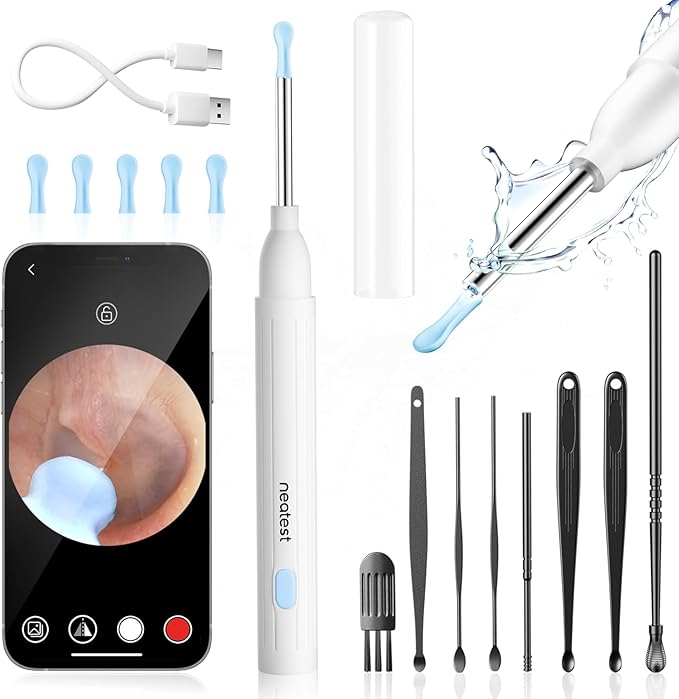 NEATEST Ear Wax Removal Tool with Camera, Ear Cleaner Tool with 8 Pcs Ear Set, 1296P HD Wireless Otoscope with 6 LED, Ear Cleaning Kit for iOS Android (White)