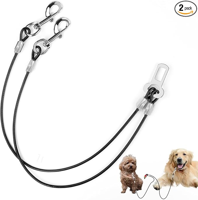 Dog Seat Belt Harness for Car,2pcs Dog Seatbelt of Coated Wire Leash Safety Restraint,No Chew Tether Cable Vehicle Dogs Accessories,Double Clips & Latch (2-in-1 Harness, 32 inch/80 CM)