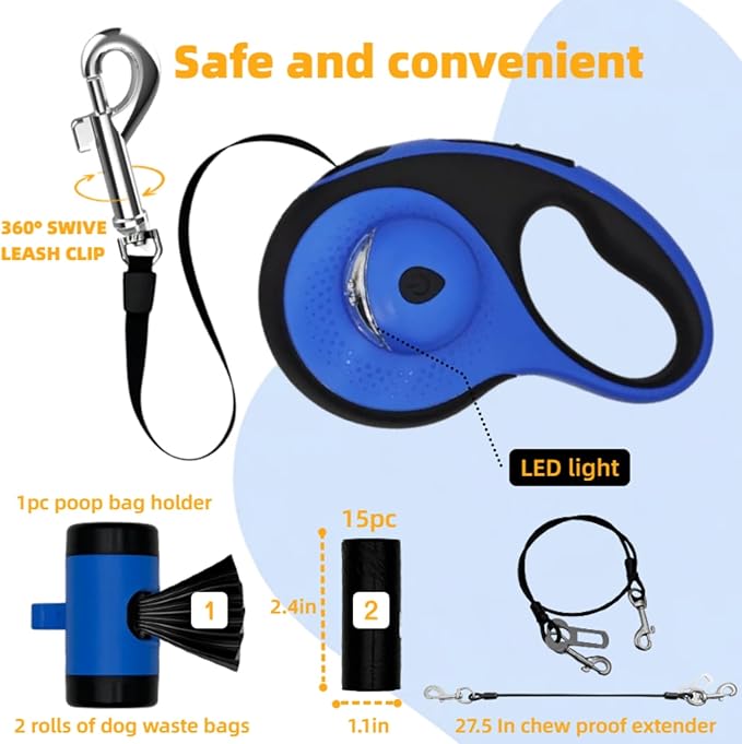 26ft Retractable Dog Leash for Large Dogs with Poop Bag Holder and LED Light,Heavy Duty Retractable Dog Leash with Chew Proof Extender,One-Hand Lock System,Impact-Resistant,Up to 110 lbs (Blue)