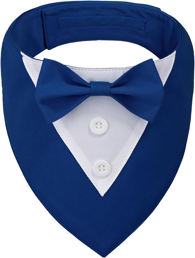 ADOGGYGO Blue Dog Tuxedo Bandana, Formal Wedding Bow Tie Collar, Adjustable Birthday Wedding Costume for Medium Dogs (M)