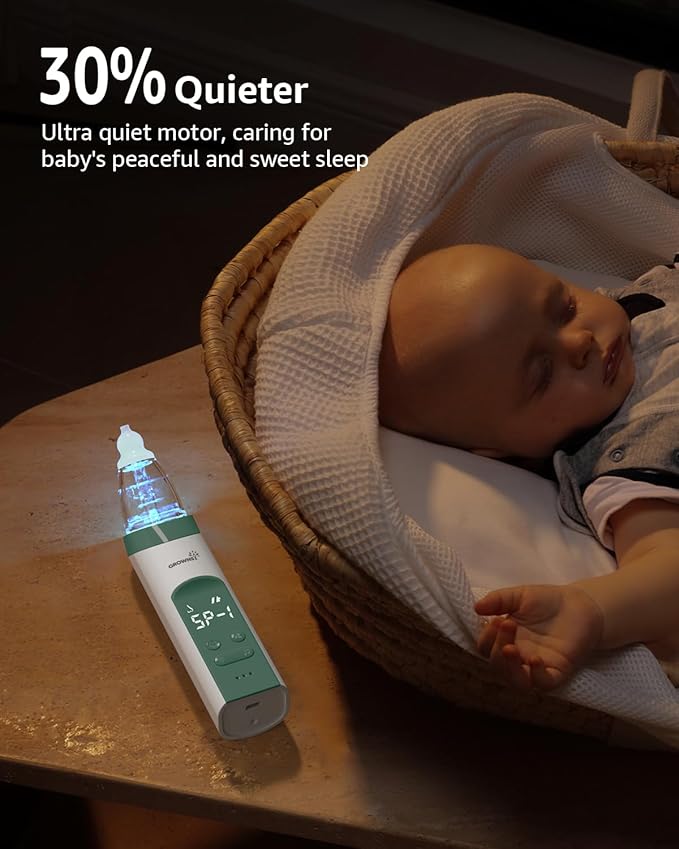 GROWNSY Nasal Aspirator for Baby, Electric Nose Aspirator for Toddler, Baby Nose Sucker, Automatic Nose Cleaner with 3 Silicone Tips, Adjustable Suctions, Music and Light Soothing Function (Green)