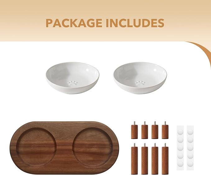 Havniva Elevated Cat Bowls Raised Ceramic Cat Bowl, 5.9” Wide Opening Cat Food Bowl Whisker Friendly Cat Dish Anti-Slip with Wood Stand, Shallow Pet Food & Water Bowl for Indoor Cats