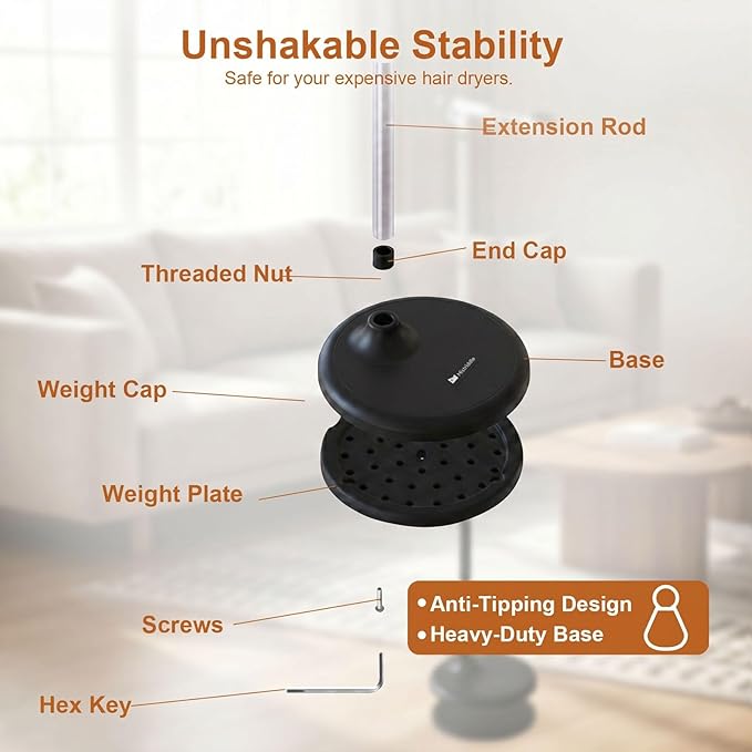 Mistriddle Hands Free Hair Dryer Holder Floor Stand, Adjustable Height (17.2"-51"), Universal Clip with TPU Protection & Organizer Hook, Stable Aluminum Base Blow Dryer Stand Hands Free(Black)