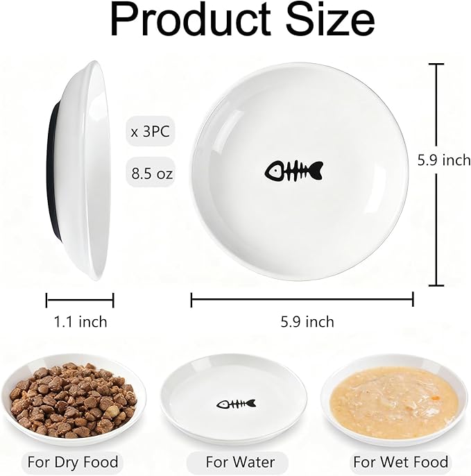 3 Pack Ceramic Cat Food Bowls Non Slip Cat Plates Anti Whisker Fatigue Healthy Ceramic Cats Dishes Set for Indoor Shallow Wide Kitten Plates for Food and Water, Pet Dishes for Cats with Rubber Base
