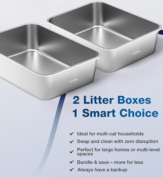 Qiuma 2 Packs Stainless Steel Cat Litter Box, 17.6" L×13.6" W×5.9" H, Metal Kitty Litter Box with High Sided for Small Cats, Non-Stick, Easy to Clean, Odor-Free