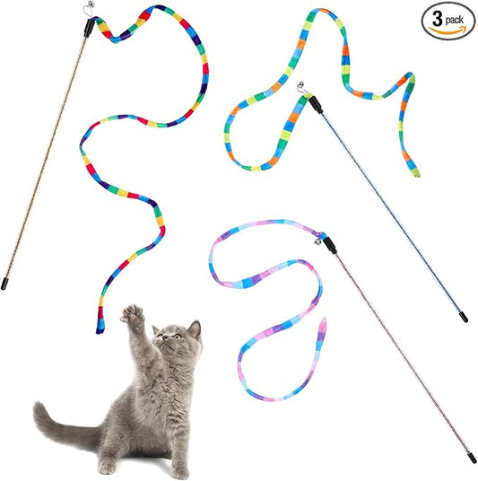 3 PCS Interactive Cat Rainbow Wand Toys, Interactive Cat Teaser Wand Toys for Indoor Cats and Kitten Extended Colorful Cats String Toy with Bells Teaser Wands String for Kitten Kitty Exercise Keep Fit