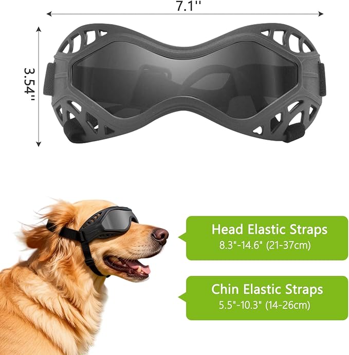 Dog Goggles for Medium to Large Breeds, Adjustable UV Protective Sunglasses with Soft TPU Frame and PC Lens, Windproof & Dustproof Pet Eye Wear for Outdoor Riding, Skiing and Driving (Gray Lens)