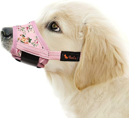 HEELE Dog Muzzle,Soft Nylon Muzzle Anti Biting Barking Chewing,Air Mesh Breathable Drinkable Adjustable Loop Pets Muzzle for Small Medium Large Dogs 4 Colors 4 Sizes (P-Pink Flower, XL)