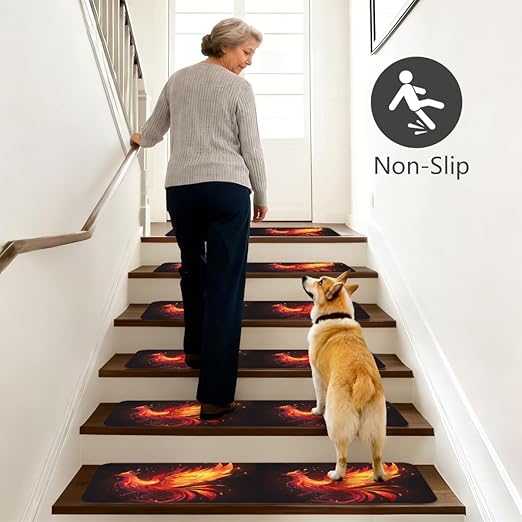 Animal Abstract Fire Stair Treads for Wooden Steps Indoor Washable Staircase Carpet 1PCS 30"x7.8" Stair Step Treads Non-Slip Staircase Covers Peel and Stick Safety Mat for Kids Elders Pets