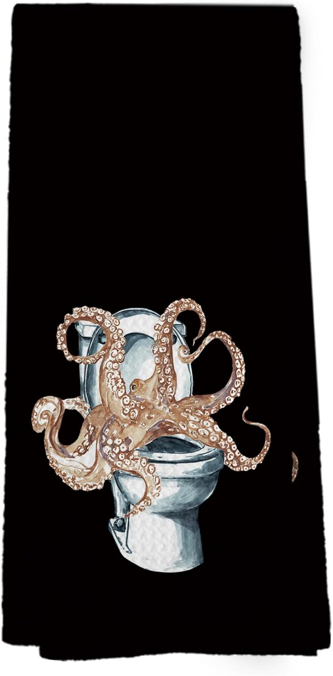 Funny Octopus Hand Towels, Ocean Beach Hand Towel for Bathroom Decor, Octopus Bathroom Decor, Coastal Beachy Marine Life Decorative Towels for Washroom Restroom 16x24 Inch
