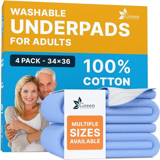 GREEN LIFESTYLE Washable Underpads - Large Bed Pads for use as Incontinence Bed Pads, Reusable Pet Pads, Great for Dogs, Cats, Bunny, Seniors Bed Pad (Pack of 4 - 34x36)