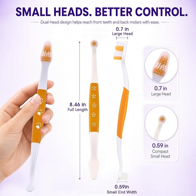 Dog Toothbrush – Newly Upgraded Dual-Head Design with 60° Wavy Bristles–Gently Surrounds Teeth for Deep Cleaning and Plaque Removal – Non-Slip Handle, Ideal for Daily Pet Dental Care (Orange, 1-Pack)