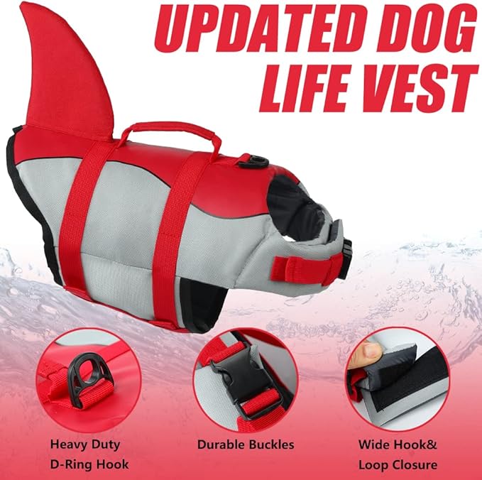 EMUST Dog Life Jacket Shark, Dog Life Vests for Small, Middle, Large Dogs with Rescue Handle Pet Flotation Vest Safety Lifesaver for Swimming Pool Beach Boating, (S,Red)