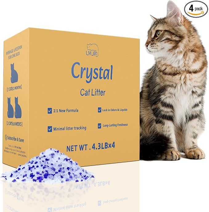 LMJP Crystal Cat Litter with Powerful Odor Control, Non-Clumping, Lasts Up to 4 Months, 17.2lb, Rapid Water Absorption, Unscented & Low Tracking Lightweight Blue & White Silica, 4 Pack of 4.3lb