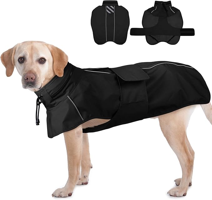 Dog Raincoat Waterproof, Reflective Adjustable Rain Jacket with Leash Hole, Convertible Hood/Collar Rain Coat for Dogs Poncho Breathable Lightweight (Black, XL)