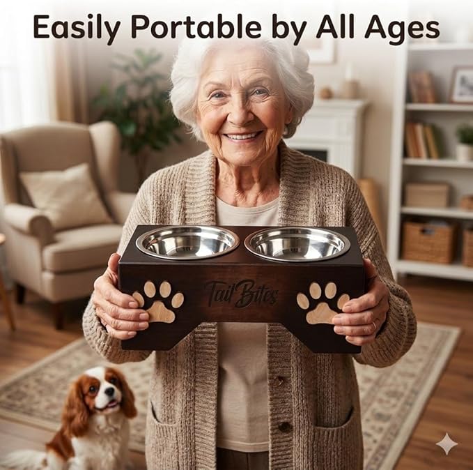 Raised Dog Bowls for Medium Sized Dogs – Wooden Elevated Dog Feeder Stand with 2 Stainless Steel Bowls + Chew Treat (14” x 7” x 6”)