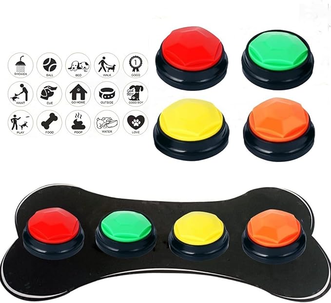 Dog Buttons for Communication, Set of 4 Color Dog Talking Button, 30s Voice Recordable Pet Training Tool, Speaking Buttons for Cats & Dogs with Scene Stickers and Rubber Mat (Red)