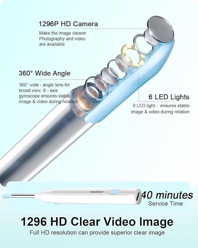 NEATEST Ear Wax Removal Tool with Camera, Ear Cleaner Tool with 8 Pcs Ear Set, 1296P HD Wireless Otoscope with 6 LED, Ear Cleaning Kit for iOS Android (White)