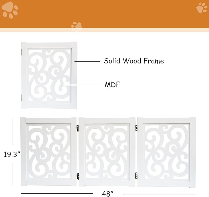 Ashfield & Harkness: 3-Panel Pet Gate - Scroll White - Wooden Foldable Freestanding Fence, Small Dogs & Puppy, 48 x 19.3, Indoor-Doorway-Halls-Stairs