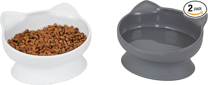 Kitty City Elevated Cat Bowls (Set of 2), Whisker-Friendly Raised Cat Food & Water Dishes, Modern Pedestal Design, Dishwasher Safe, 10.8 oz Each – White & Gray