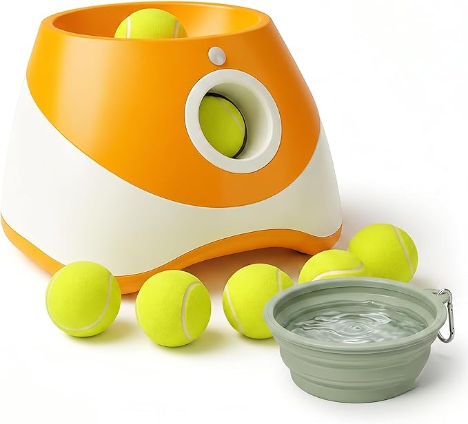 Dog Ball Thrower – Automatic Interactive Pet Tennis Ball Launcher with 6 Balls, USB Charging & Multiple Distance Settings Indoor & Outdoor Training & Play Toy for Small & Medium Dogs (Yellow)