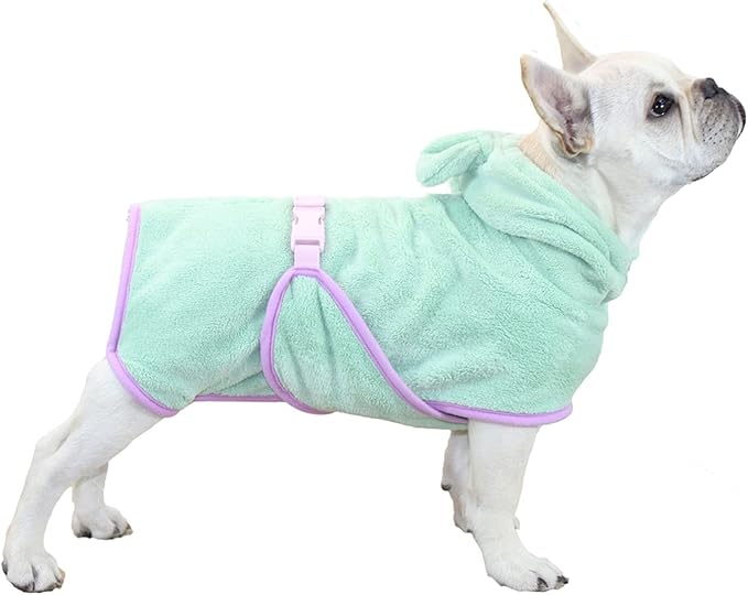 Dog Bathrobe, Microfiber Fast Drying Absorbent Hooded Bath Towel for Puppy Small Medium Large Dog Cat(Green,XS)