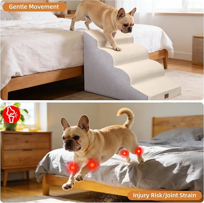 Dog Stairs for Small Dogs and Cats, 19.7" H, 4-Step Curved Pet Ramp for Beds or Couches, Non-Slip Medium Pet Steps with High Density Foam, Beige