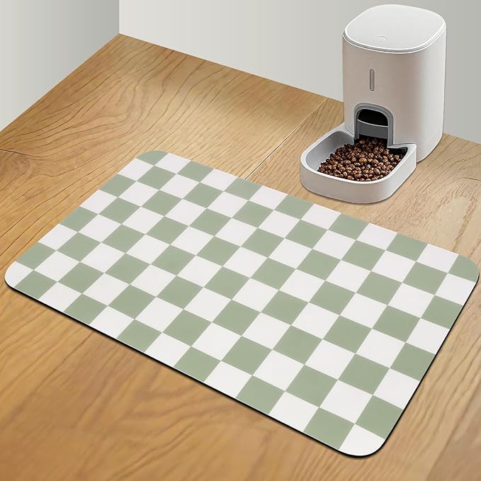 CooRug Checkered Dog Food Mat, Absorbent Leak-Proof Pet Feeding Mat, Quick Dry Cat Food Mat for Messy Drinkers 16" x 24" Green