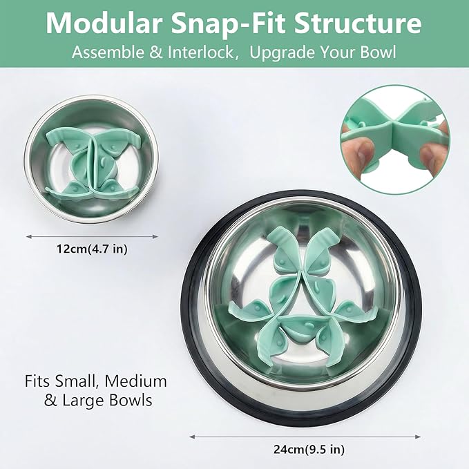 Silicone Dog Slow Feeder Bowl Insert with Suction Cups, Cuttable Food-Grade Lick Mat Divider Fits Stainless Steel Ceramic Glass Dog Bowls, Helps Slow Down Eating, Green