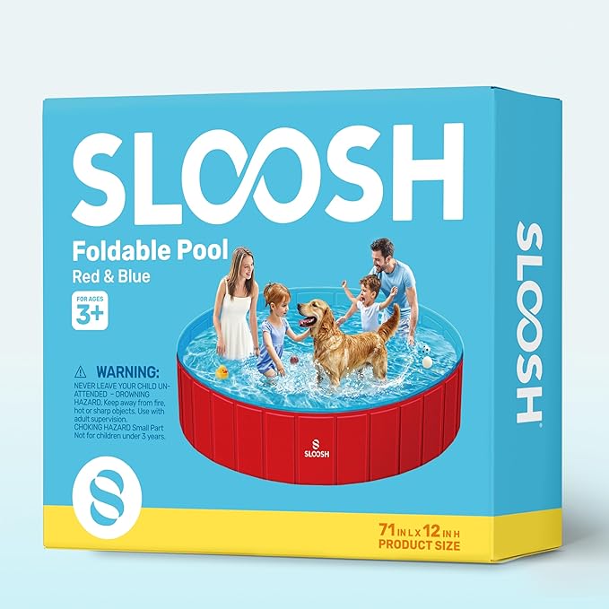 Sloosh Foldable Dog Pool - Portable Hard Plastic Doggie Swimming Pool, Anti-Slip Collapsible Pets Bath Tub Suitable for Indoor Outdoor Backyard Use (Red, 71" x 12")
