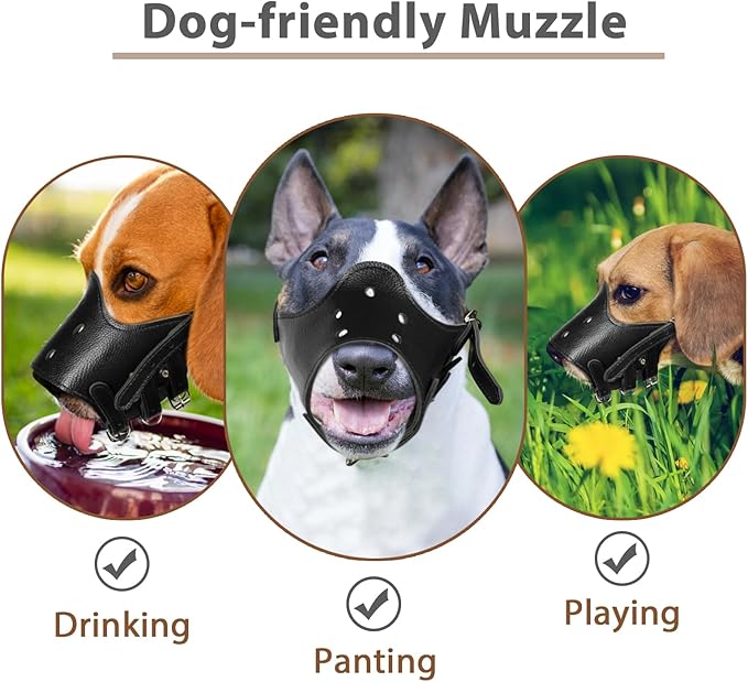 BARKLESS Dog Muzzle Leather, Soft Secure Anti-Barking Leather Muzzle for Medium Sized Dogs to Prevent Biting, Breathable and Adjustable, Allows Drinking and Panting, Used with Collars