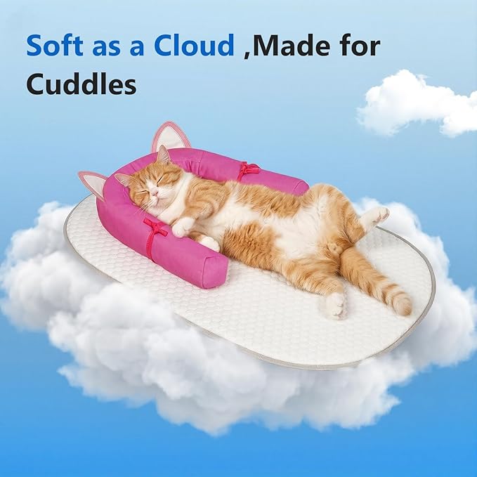 Cat Cooling Mat with Soft U-Shaped Pillow– Breathable Calming Cooling Pad for Cats– Portable Washable Summer Cooling Cat Bed for Indoor Or Travel Use,Hot Pink Cat