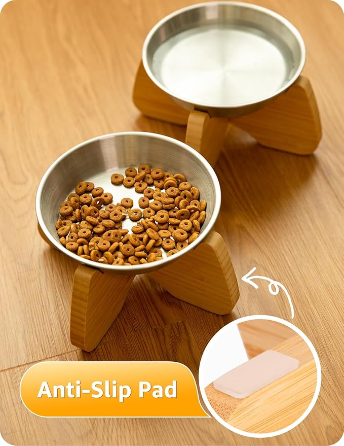 Raised Cat Bowl, Stainless Steel Elevated Cat Bowl Whisker Friendly Wide Flat Shallow Cute with Bamboo Stand Elevated Cat Food Plate Dishwasher Safe No Slip Lifted Raised Cat Dish Easy to Clean
