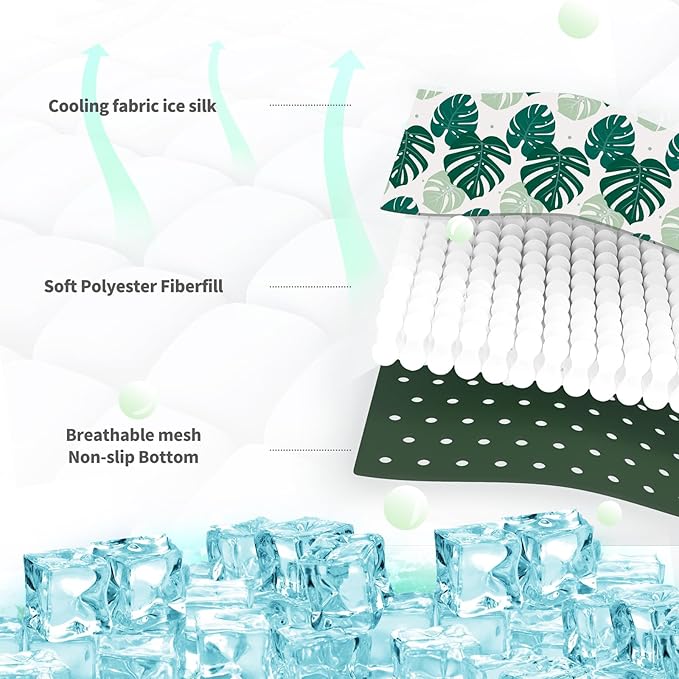 NWK Pack of 4 Pet Cooling Mat for Large Dogs -Q-Max>0.345 Ice Silk Cooling Mat for Dogs & Cats Portable & Washable Pet Cooling Blanket for Summer (4pcs, Green Leaf, 39'' X 27'' X 0.3'')