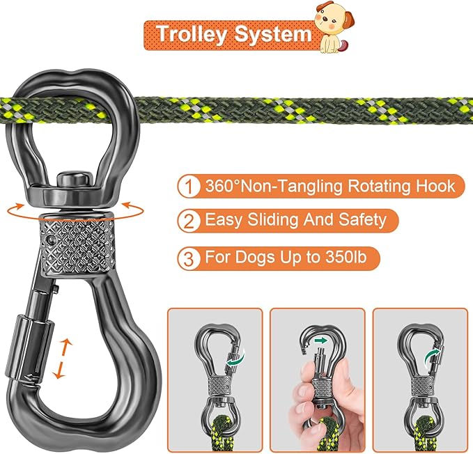 XiaZ Dog Tie Out Cable for Camping, 50ft Portable Overhead Trolley System for Dogs up to 200lbs，Dog Lead for Yard, Camping, Parks, Outdoor Events,5 min Set-up