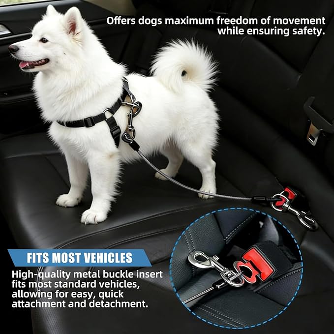 2-in-1 Dog Seat Belt for Car, Chew Proof Pet Safety Belt for Dog, Heavy Duty Dog Car Harness Restraint, Waterproof Coated Steel Wire Dog Leash (Black*2, 16inch/40 CM)