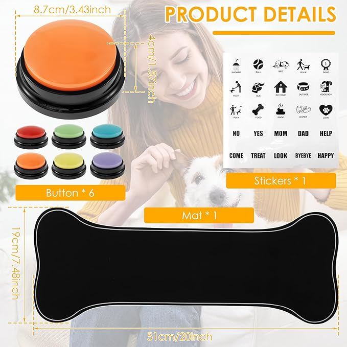 6 Pcs Dog Talking Button Set, Dog Buttons for Communication, 30s Recordable Voice Pet Training Buttons, Speaking Button for Dogs, Plastic Dog Training Button with Nonslip Mat and Stickers