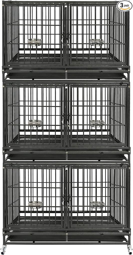 Homey Pet Three Tiers 43 inch Heavy Duty Dog Crate with Wheels, Stackable Indestructible Steel Dog Cage Kennel Indoor with Divider, Trays, Bowls, Escape Proof Locks for Breeder and More