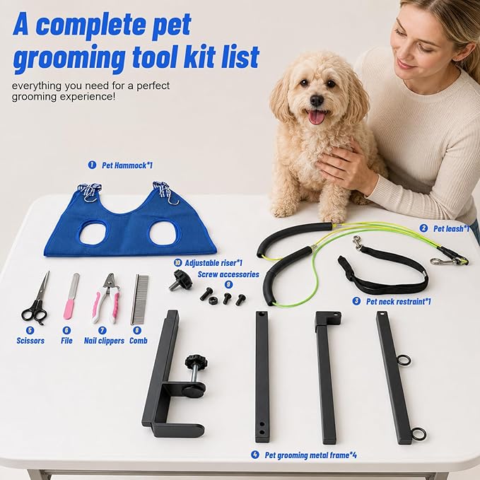 Foldable Dog Grooming Arm with Clamp, Adjustable Height 29"-41" for Small & Medium Dogs, Grooming Table Arm with Hammock and No-Sit Haunch Holders, Portable Home Salon Grooming Support