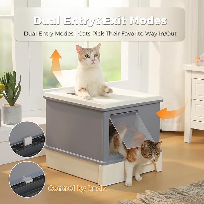 PAWZ Road Large Cat Litter Box, Dual Entry Litter Box with Lid, Fully Enclosed Drawer Type Cat Litter Box for Large Cats,Gray