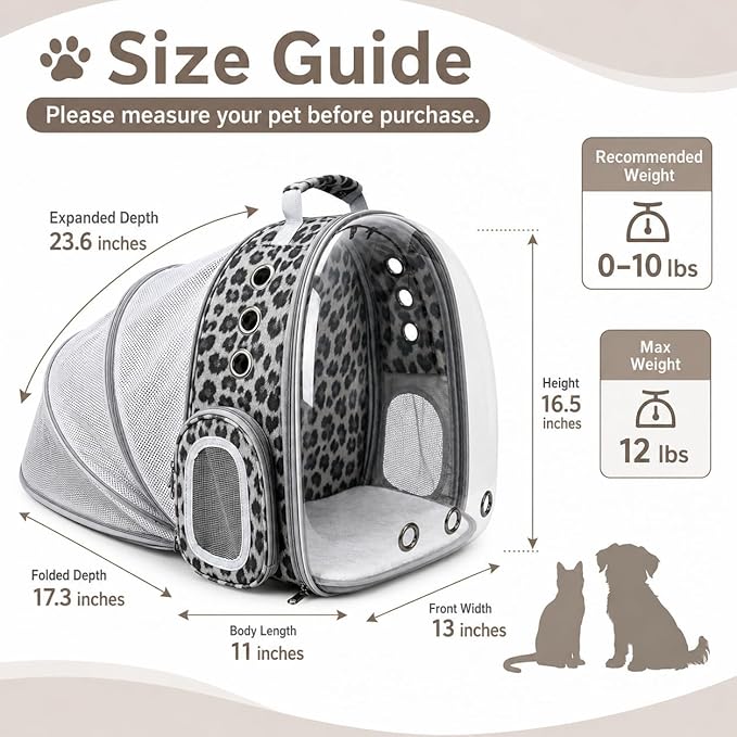 Expandable Cat Carrier Backpack for Cats & Dogs, Bubble Window Pet Travel Backpack with Breathable Mesh, Anti-Collapse Structure, Side Door, for Vet Visits, Hiking, Black and White Animal