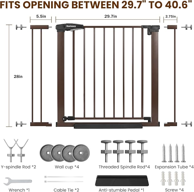 Baby Gate for Stairs, 29.7-40.6" Auto Close Dog Gate Indoor for Doorways, Dual-Lock Design, Extra Wide Pet Gate No Drilling with Walk Thru Door for Hallways, Stroller Friendly, Brown