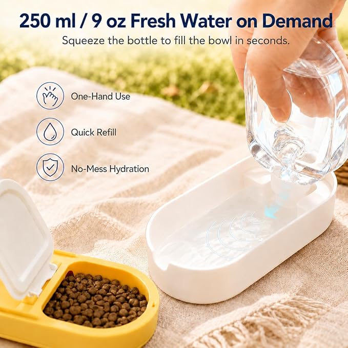 Portable Pet Bowl with Water Bottle and Food Container | Leak-Proof Collapsible Dog Cat Travel Feeder for Outdoor Adventures, Hiking, and Camping (Yellow)