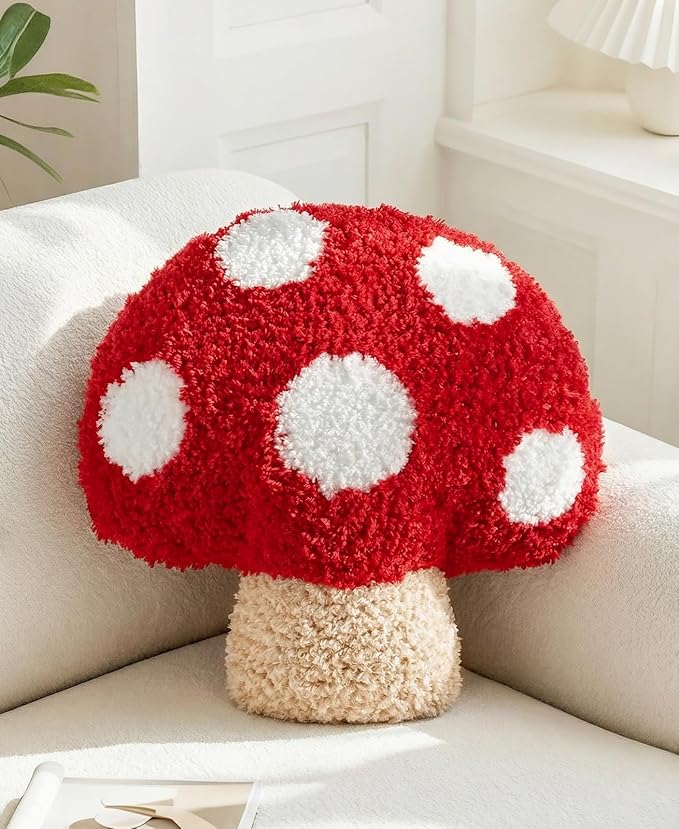 Mushroom Shaped Throw Pillow - Cute Decorative Plush Throw Pillow for Couch, Sofa, or Living Room, 13.8" x 13.8" Soft Stuffed Cushion for Home Decor