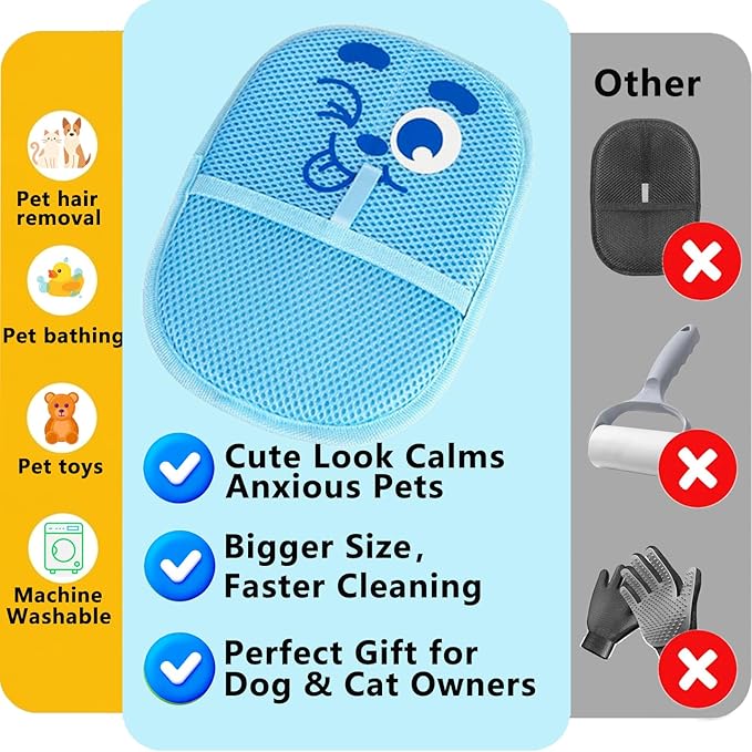 Pet Hair Removal Glove for Cats & Dogs, Reusable Electrostatic Fur Remover for Couch, Carpet, Clothing & Car Seat, Thickened Washable Fabric Cleaner with Hanging Loop, Blue Cozy Home
