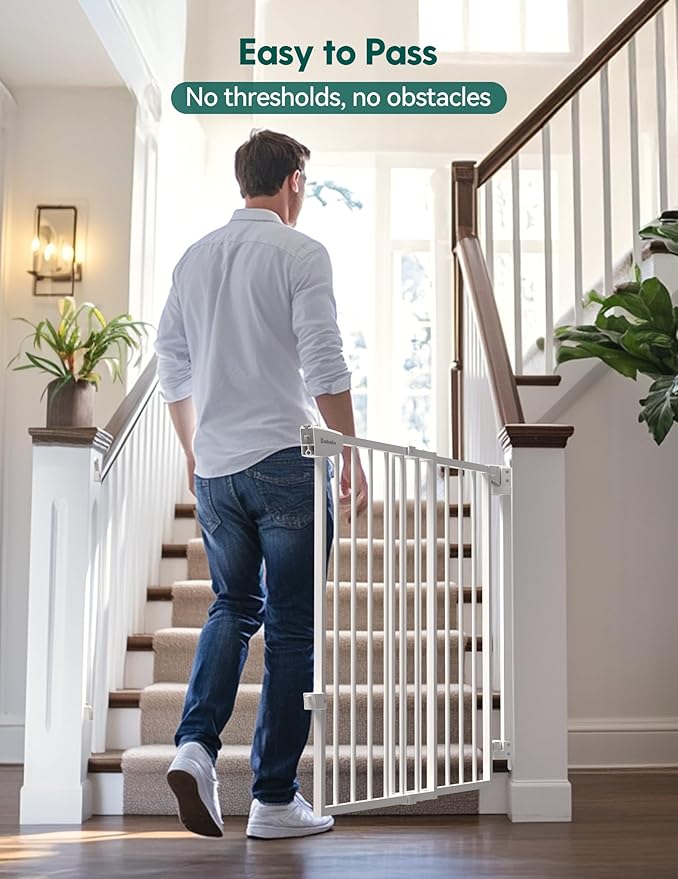 Babelio 29.7-46.5" No Bottom Bar Baby/Dog Gate for Stairs, House and Doorways, Auto Close Safety Pet Gates with Large Walk Thru Door, Hardware Mount