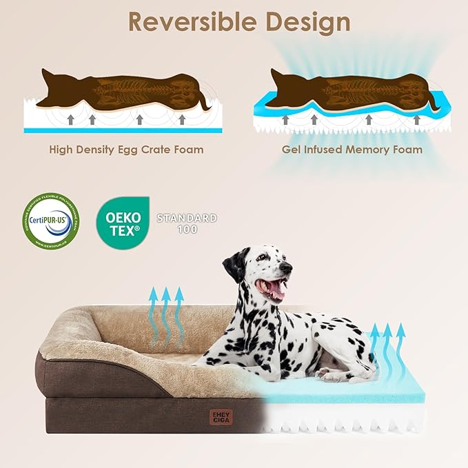 EHEYCIGA Orthopedic Dog Bed for Large Sized Dog, 41x27 Inch Large Memory Foam Dog Couch Bed with Sides, Waterproof Liner & Washable Removable Cover, Bolster Pet Sofa, Brown