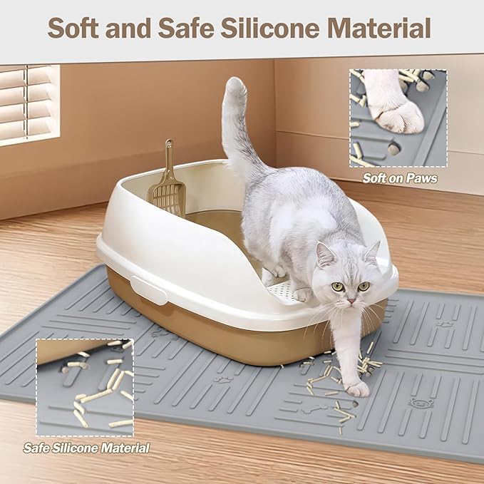 Large Silicone Cat Litter Mat, 34.3" X 24.8" Litter Trapping Mat, Soft and Waterproof Cat Litter Box Mats for Floor-Dark Grey